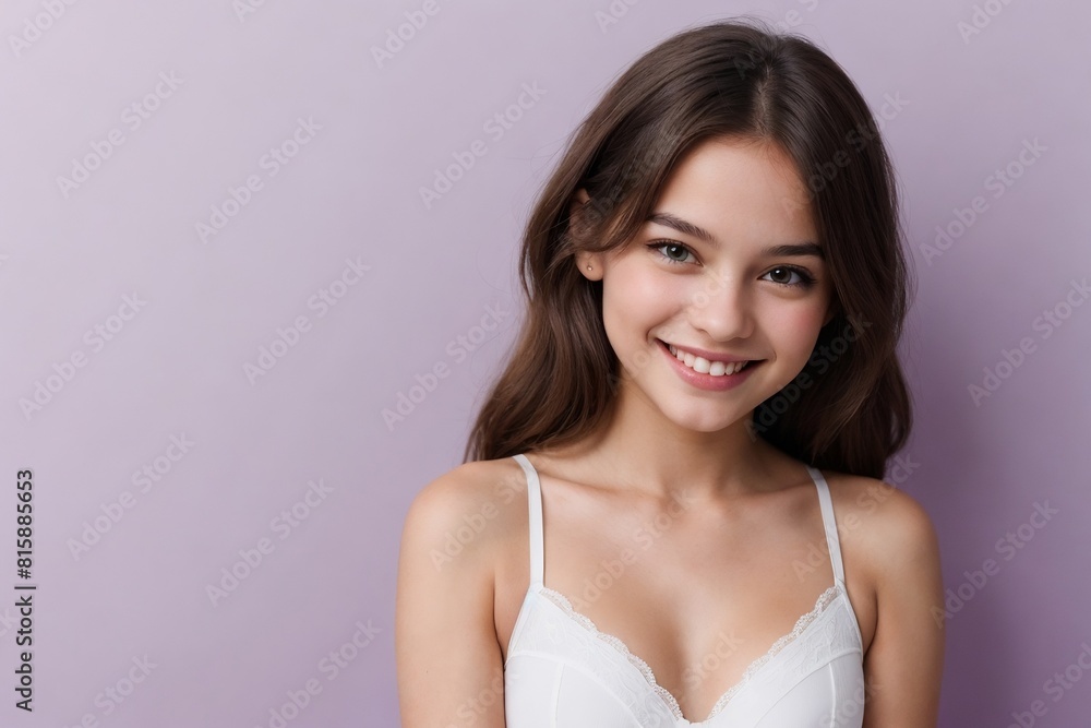 Beautiful girl in white underwear, smiling and looking at the camera, isolated on a purple background with copy space. Beautiful girl in white underwear, smiling and looking at the camera, isolated on a purple background with copy space.