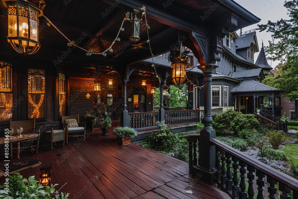 Inviting mansion exterior with a cozy wrap-around porch and hanging lanterns. Inviting mansion exterior with a cozy wrap-around porch and hanging lanterns.