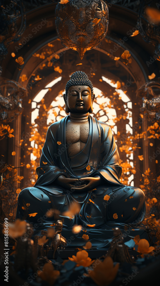 Fototapeta premium Buddha Statue Sitting Among Flowers