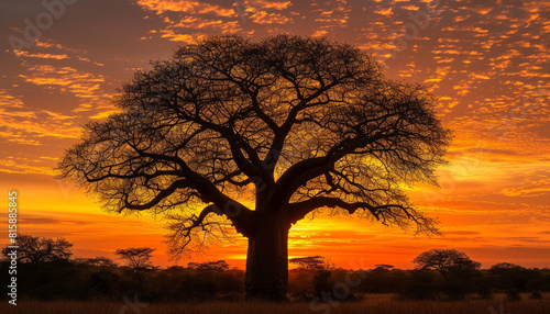 A high-resolution photograph the striking silhouette of a baobab tree at sunset  its unique shape standing out against the warm hues of the sky