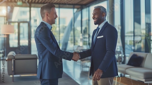 Two businessmen shaking hands in a modern office setting, surrounded by a diverse team, representing a successful B2B partnership and celebrating a fruitful collaboration. photo