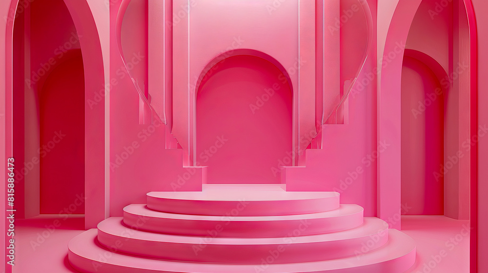 A pink room with stairs and arches.