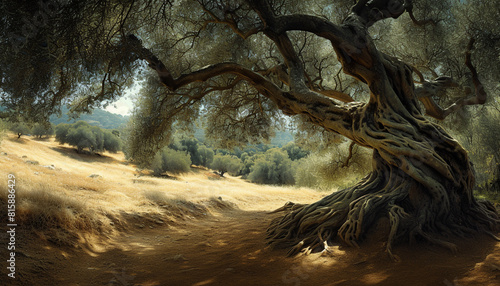 A high-resolution photograph featuring an ancient olive tree, its twisted branches and silver-green leaves casting dappled shadows on the sun-drenched ground, a living relic of history photo