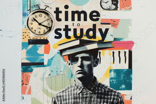 Wallpaper Mural Vintage postcard in the collage technique with man carrying books on top of his head and a clock, time to study. Torontodigital.ca