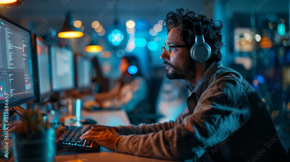 A Professional Call Center Agent Wearing Headphones Is Sitting At Their Desk Engaging In An Online Conversation With His Customer A Professional Call Center Agent Wearing Headphones Is Sitting At Their Desk Engaging In An Online Conversation With His Customer