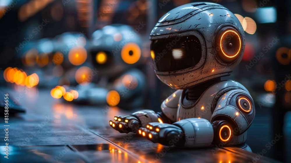 Group of Robots Sitting on a Table Group of Robots Sitting on a Table