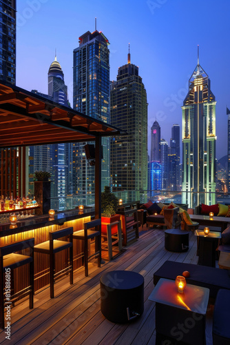 A city rooftop bar with panoramic skyline views, sleek modern decor, and handcrafted cocktails, offering a stylish and sophisticated ambiance for guests to unwind and enjoy.