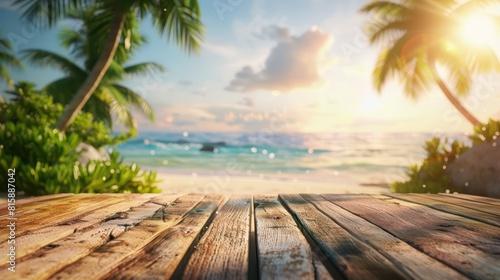 empty wooden table top with view tropical beach of spring summer time blurred background template for product presentation display 3d rendering  high resolution  bright light