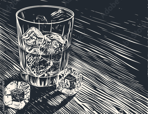 Old Fashioned Cocktail with ice cubes in a crystal glass. Vector illustration