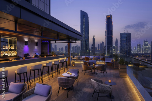 A city rooftop bar with panoramic skyline views, sleek modern decor, and handcrafted cocktails, offering a stylish and sophisticated ambiance for guests to unwind and enjoy.
