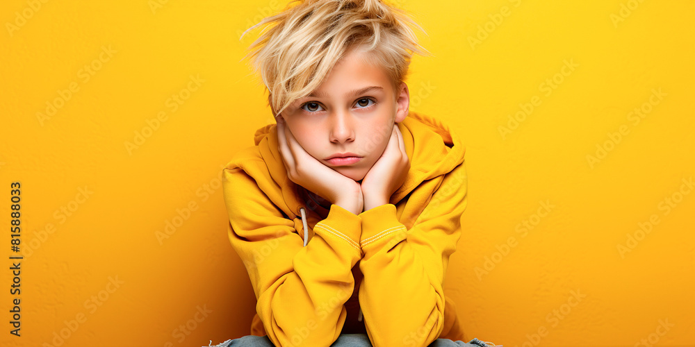 Sad offended child sitting on a yellow background, close-up portrait of a boy, indoors, copy space Sad offended child sitting on a yellow background, close-up portrait of a boy, indoors, copy space