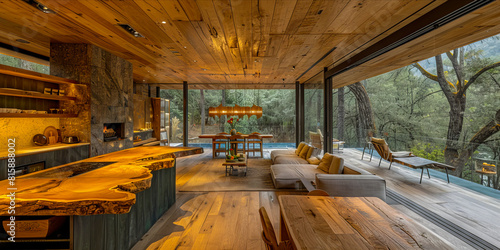 A modern kitchen with wood ceilings and large windows.