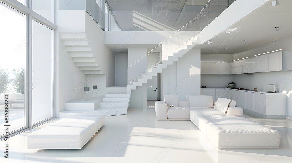 Obraz premium Modern interior design of house, kitchen, living room with sofa, staircase 3d rendering