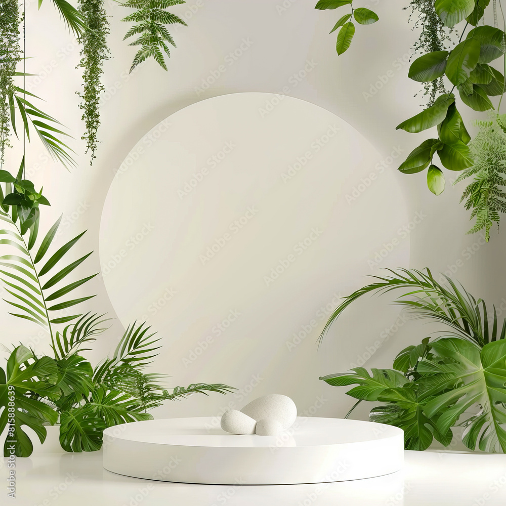 A white table with plants and a round white circle. A white table with plants and a round white circle.