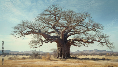 A realistic snapshot the distinctive shape of a solitary baobab tree in an arid desert, its massive trunk and sparse branches telling a story of endurance