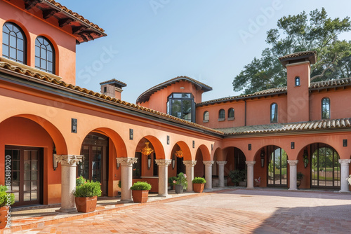 Luxury mansion exterior design in rich terracott with Spanish tiles and archways.