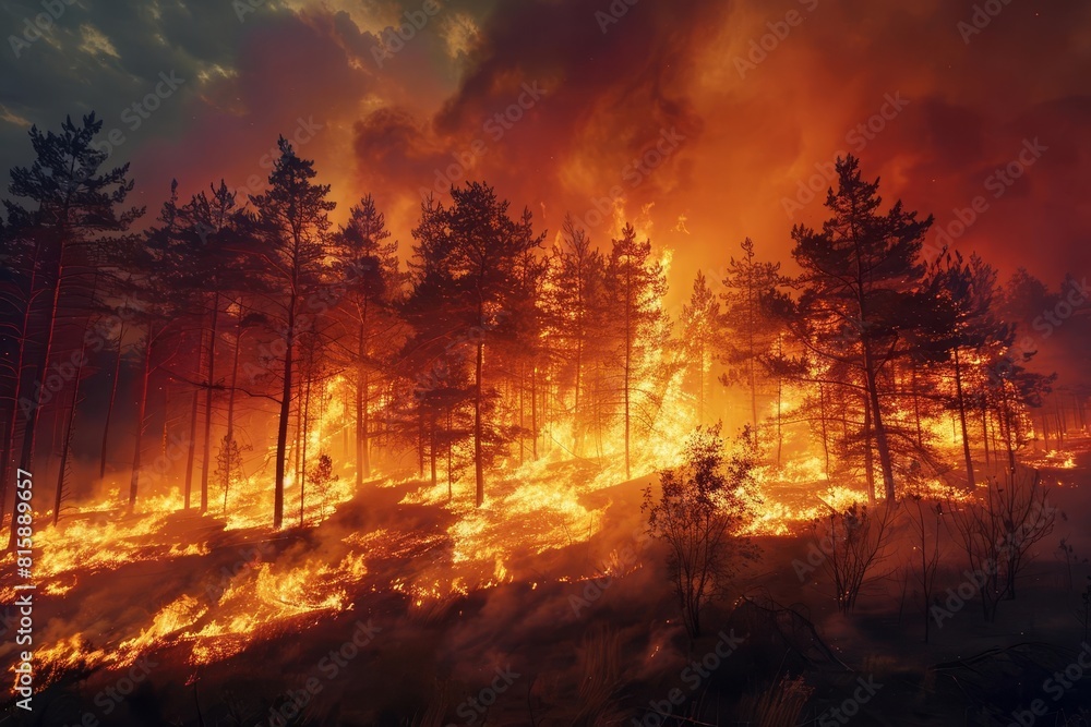 A raging wildfire burns through a forest, destroying everything in its path A raging wildfire burns through a forest, destroying everything in its path