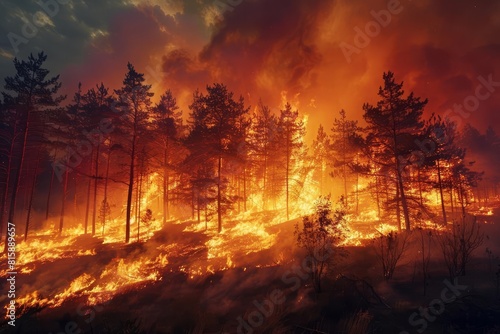 A raging wildfire burns through a forest, destroying everything in its path