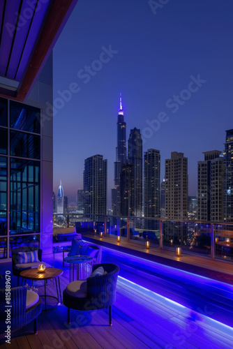 A city rooftop bar with panoramic skyline views  sleek modern decor  and handcrafted cocktails  offering a stylish and sophisticated ambiance for guests to unwind and enjoy.
