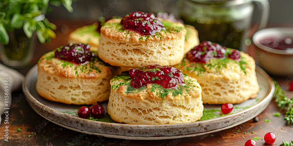 Scones: tender and flaky scones. Served with pinch of matcha powder and jam for a delightful treat. Scones: tender and flaky scones. Served with pinch of matcha powder and jam for a delightful treat.