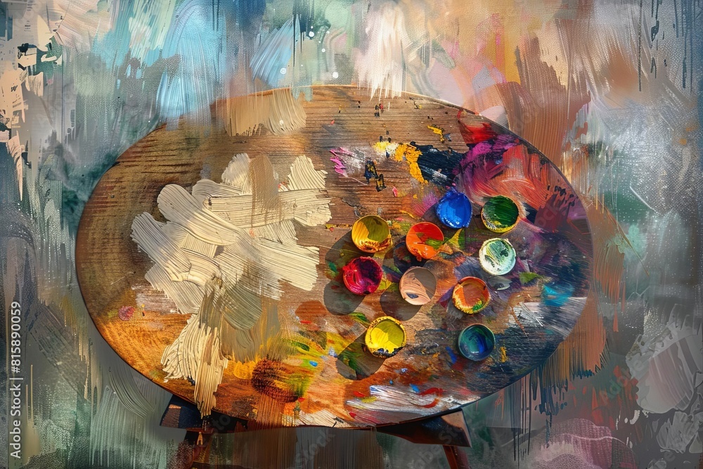 Fototapeta premium Artists palette with digital enhancements, representing the fusion of traditional and digital art