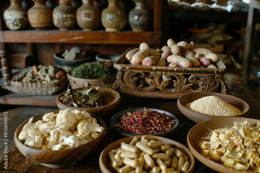 Assorted traditional medicine ingredients displayed