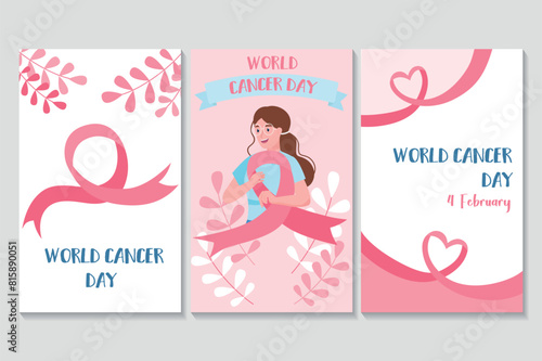 World cancer day set of posters in flat cartoon design. The artwork consists of three posters decorated with pink ribbons, combining a complex design with cartoon elements. Vector illustration.