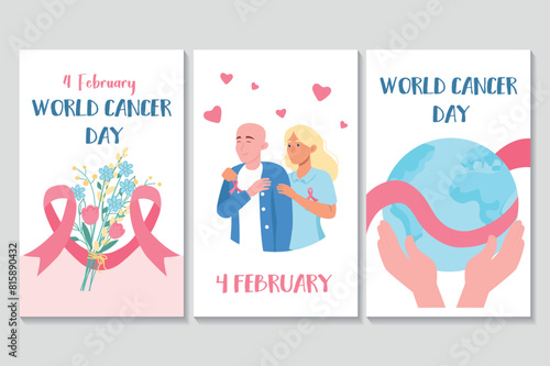 World cancer day set of posters in flat cartoon design. The three posters feature pink ribbons and a couple, which together create the atmosphere of World Cancer Day. Vector illustration.