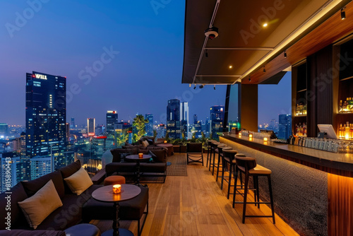 A city rooftop bar with panoramic skyline views, sleek modern decor, and handcrafted cocktails, offering a stylish and sophisticated ambiance for guests to unwind and enjoy.