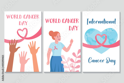 World cancer day set of posters in flat cartoon design. This illustration features three posters that perfectly match each other, decorated with pink ribbons. Vector illustration.