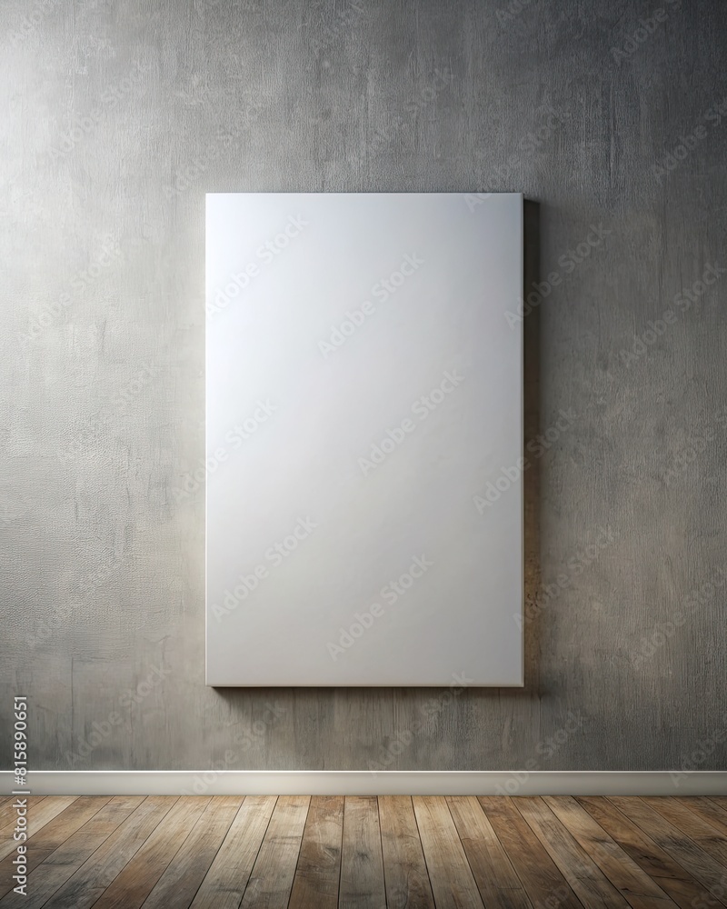 Blank white poster on concrete wall in room. Blank white poster on concrete wall in room.