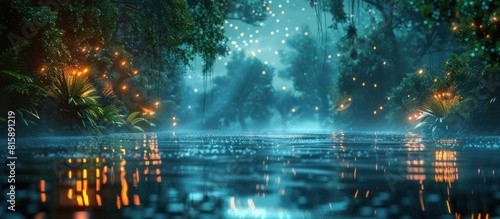 Enchanting Futuristic Bayou with Vibrant Bokeh Lighting and Ethereal Natural Elements