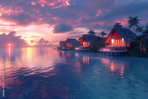 Overwater bungalows at a luxury beach resort at sunset, 3d render