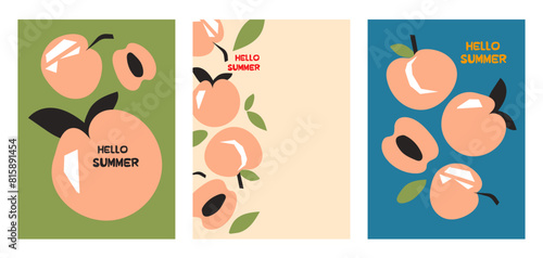 Stylish summer poster peach set in flat style. Bright fruit compositions. Set of flyers, posters, banners, placards, brochure design. Hello Summer, backgrounds with slices of fruits.  Vector 
