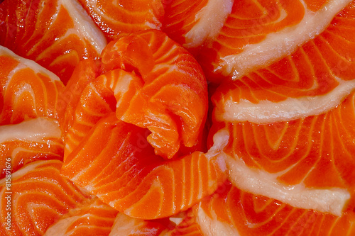 Fresh salmon fillet. Japanese restaurant showcase with fresh salmon fillet.
