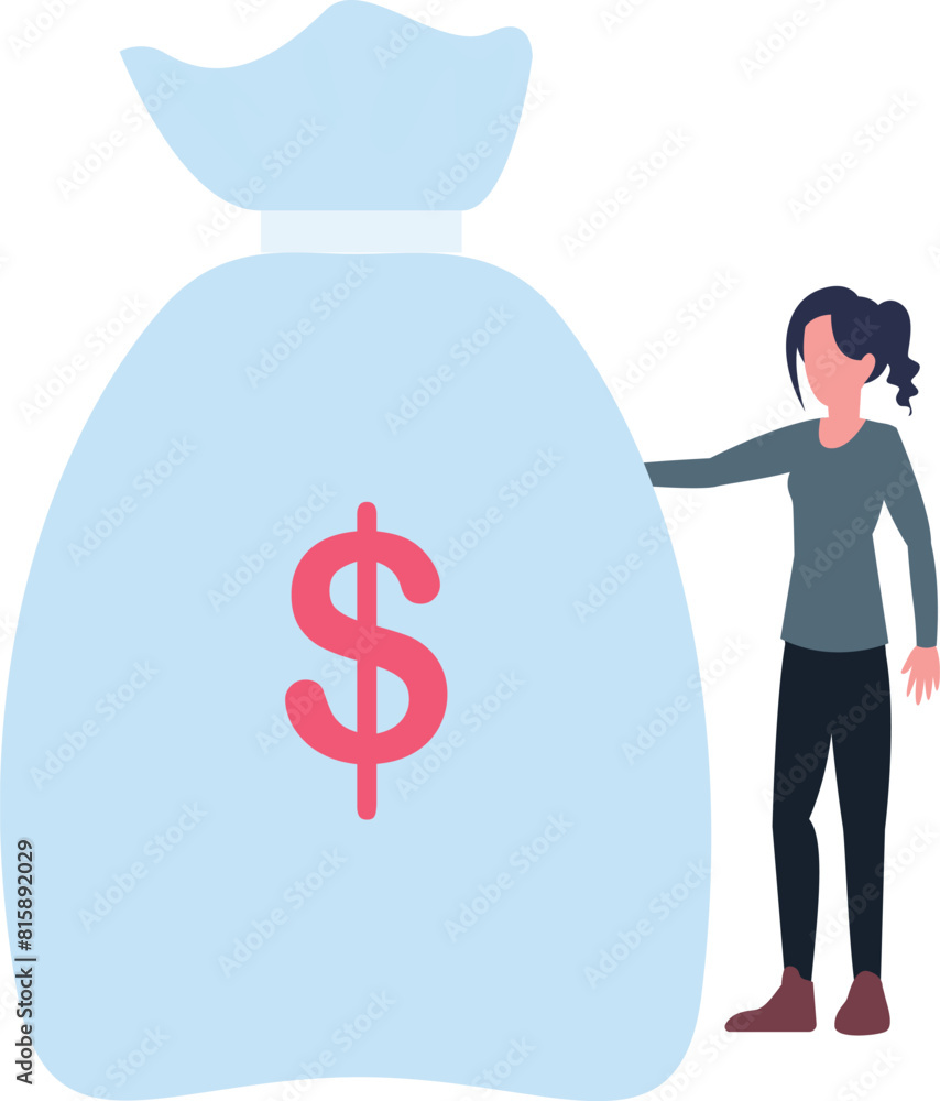 A girl is standing next to a bag of money. A girl is standing next to a bag of money.