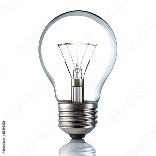 Illuminated light bulb showing inner filament on transparent background