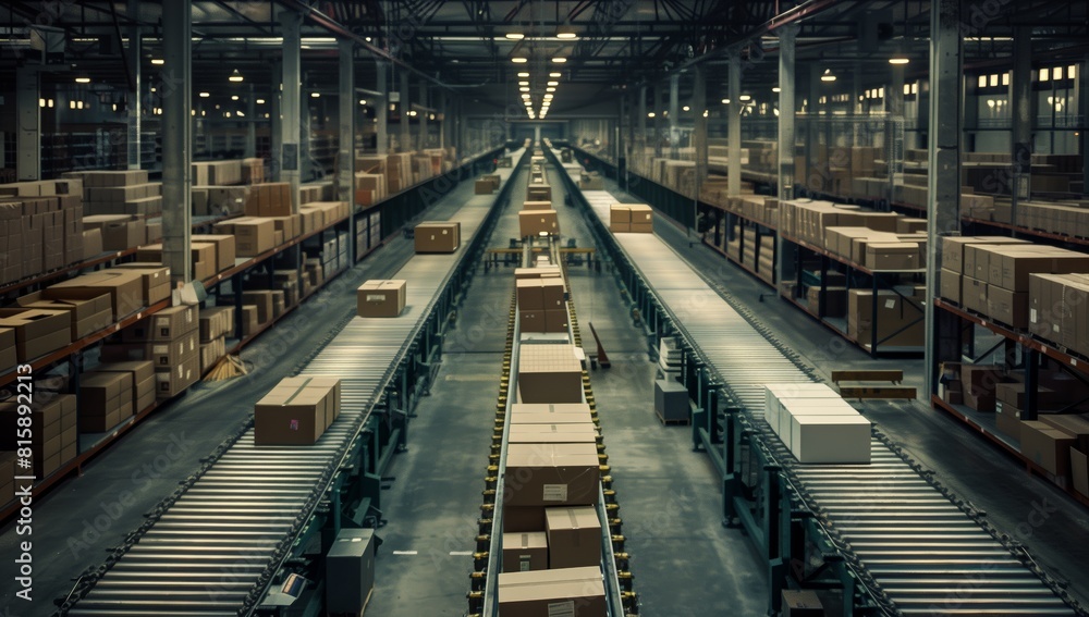 An industrial warehouse with boxes on conveyor belts, representing the busy and fastpaced nature of online rural shipping service., commercial photo, soft light An industrial warehouse with boxes on conveyor belts, representing the busy and fastpaced nature of online rural shipping service., commercial photo, soft light