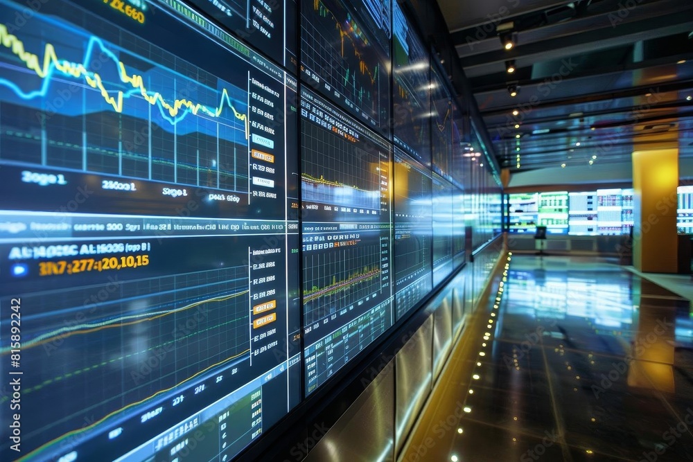 Detailed analysis of market data on a digital screen in a trading room Detailed analysis of market data on a digital screen in a trading room