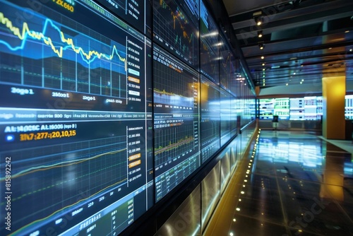 Detailed analysis of market data on a digital screen in a trading room