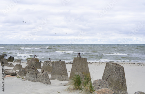 Storm on Baltic Sea. Breakwaters. Tetrapods. Baltiysk