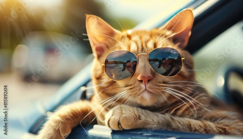 A cat wearing sunglasses is sitting in a car by AI generated image