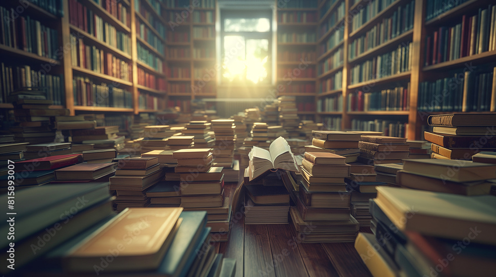 Obraz premium Open books and piles of old books on a wooden table in an old library Old hardcover book, diary, pages, retro style, historical background.