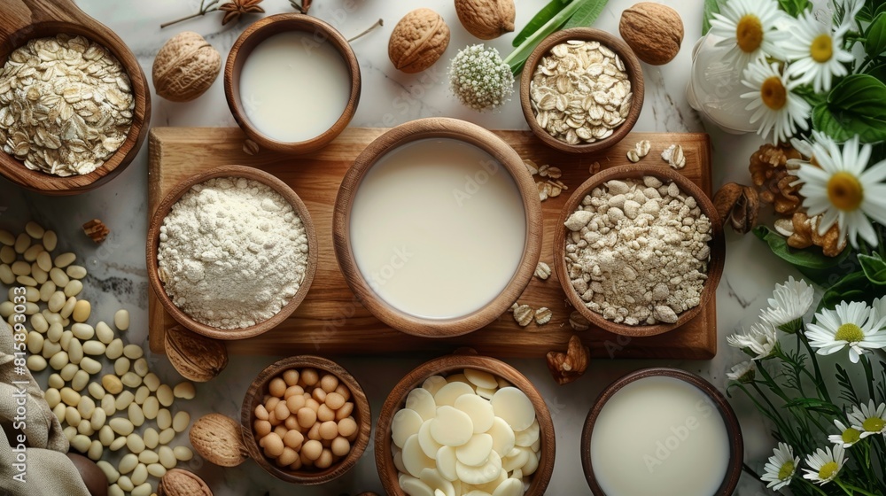 various plant-based milk alternatives displayed on table concept banner promoting dairy-free milk with space for text various plant-based milk alternatives displayed on table concept banner promoting dairy-free milk with space for text