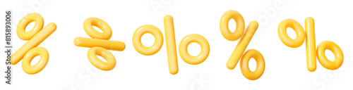 3d set of yellow percent signs discount with different angles. Voucher gift. Stock vector illustration on isolated background.