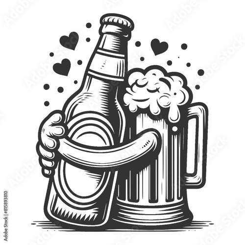 animated beer bottle and mug hugging, with hearts, for beverage enthusiasts sketch engraving generative ai fictional character vector illustration. Scratch board imitation. Black and white image.