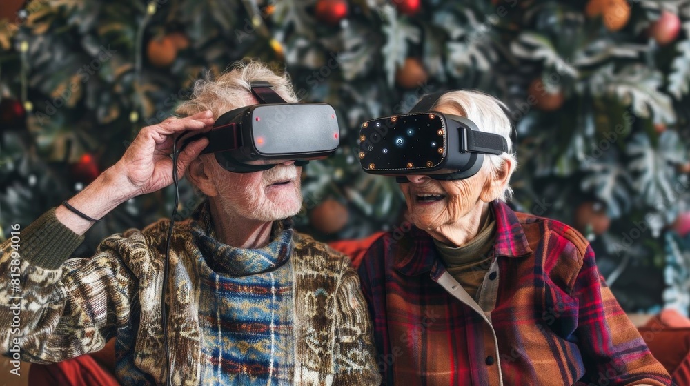 Fototapeta premium Elderly couple with virtual reality headsets, exploring new technology