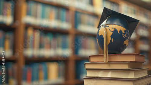 Graduation hat on the background globe in the library classroom Educational concept Going to school is your future. EducationLearningTeaching