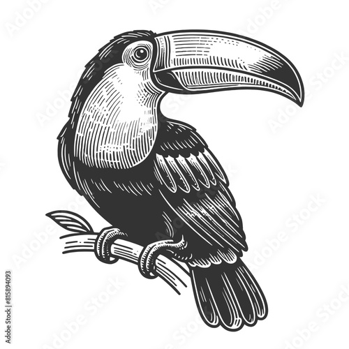 toucan bird perched on a branch, ideal for wildlife projects sketch engraving generative ai fictional character vector illustration. Scratch board imitation. Black and white image.