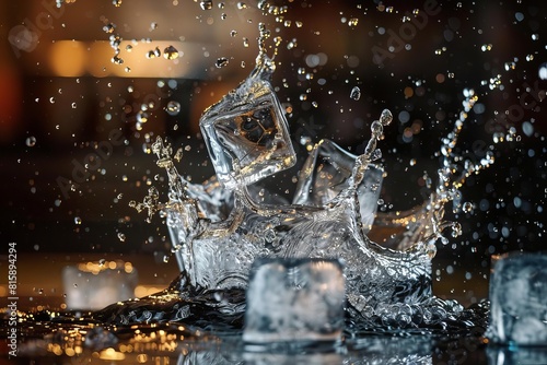 Energetic splash of water around ice cubes photo